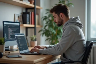 Jeune homme en hoodie gris travaillant sur un ordinateur à la maison
