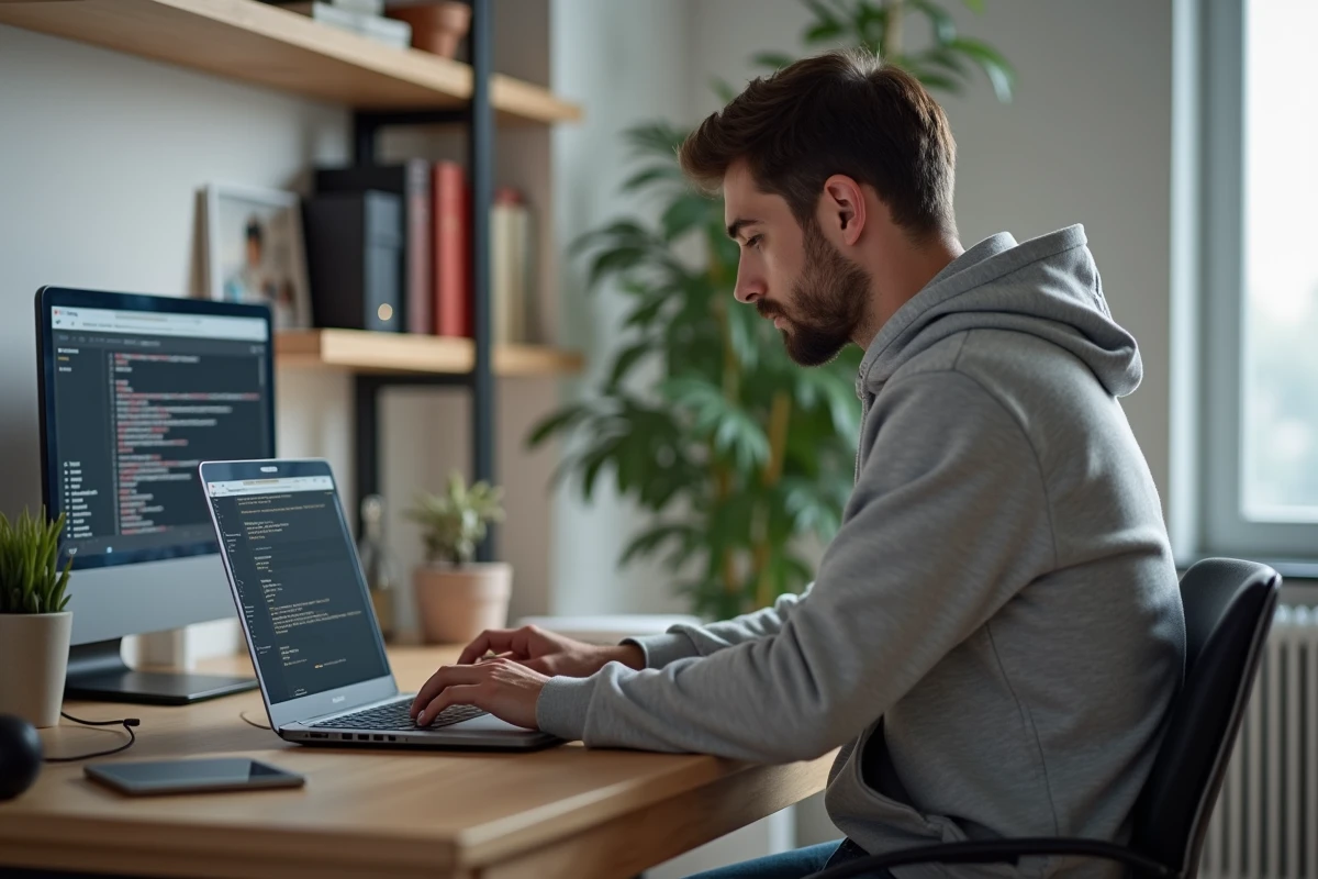 Jeune homme en hoodie gris travaillant sur un ordinateur à la maison