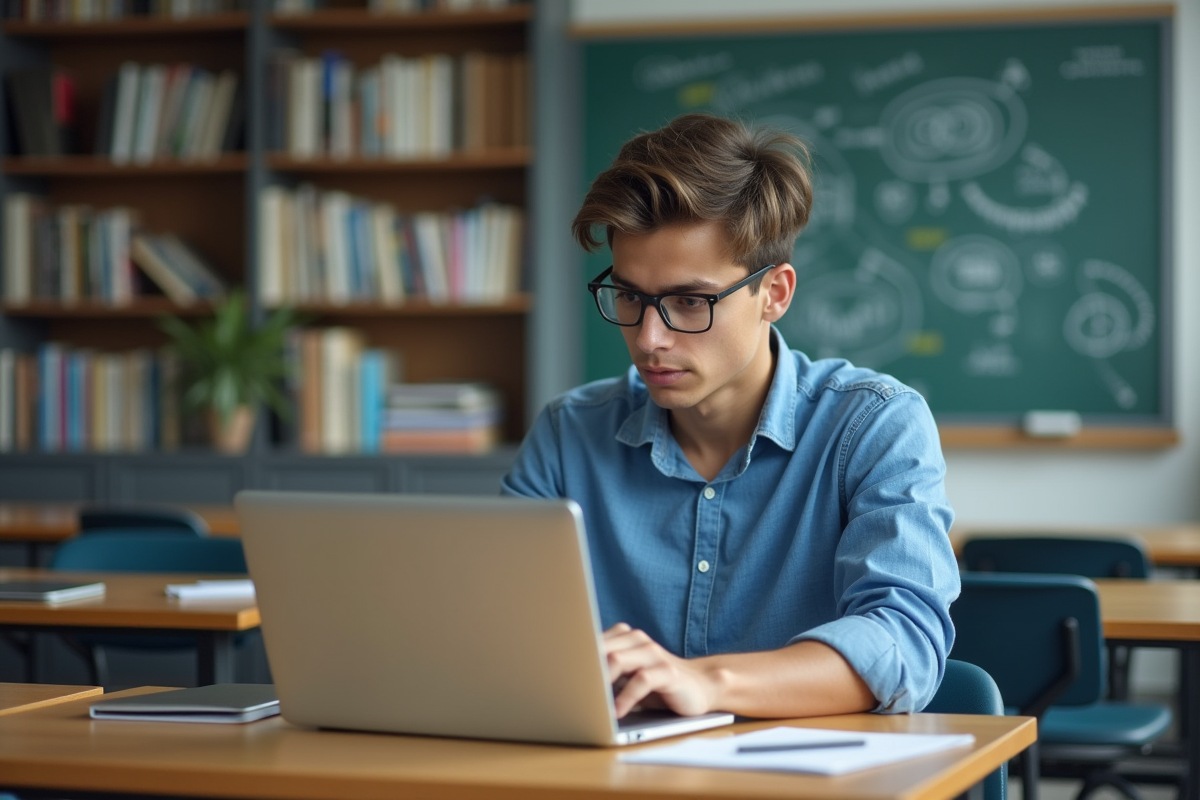 Jeune homme en classe universitaire travaillant sur un ordinateur