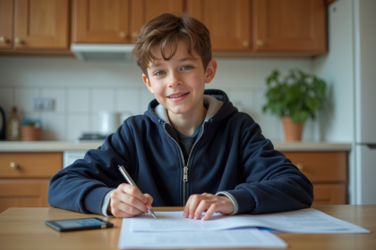 Jeune garçon de 17 ans remplissant des papiers à la maison