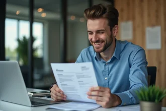Jeune homme en bleu examine un CV dans un bureau moderne