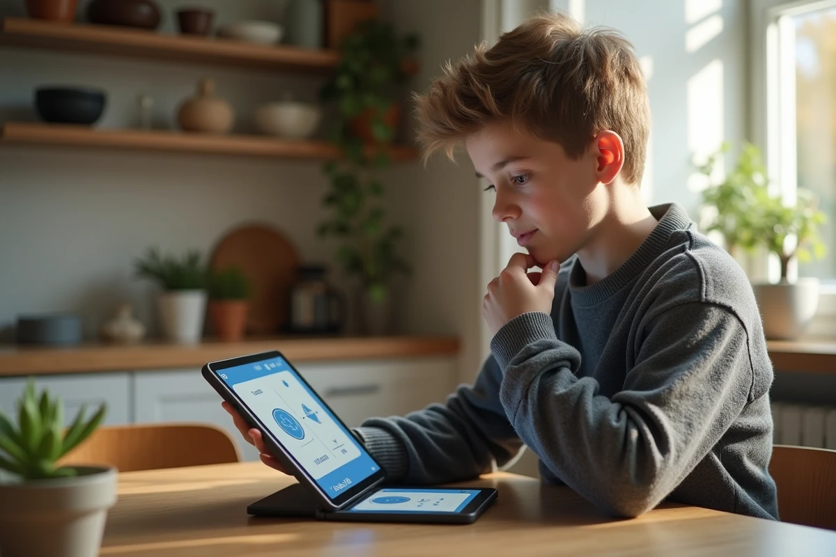 Adolescent concentré sur une tablette en maths dans une cuisine lumineuse