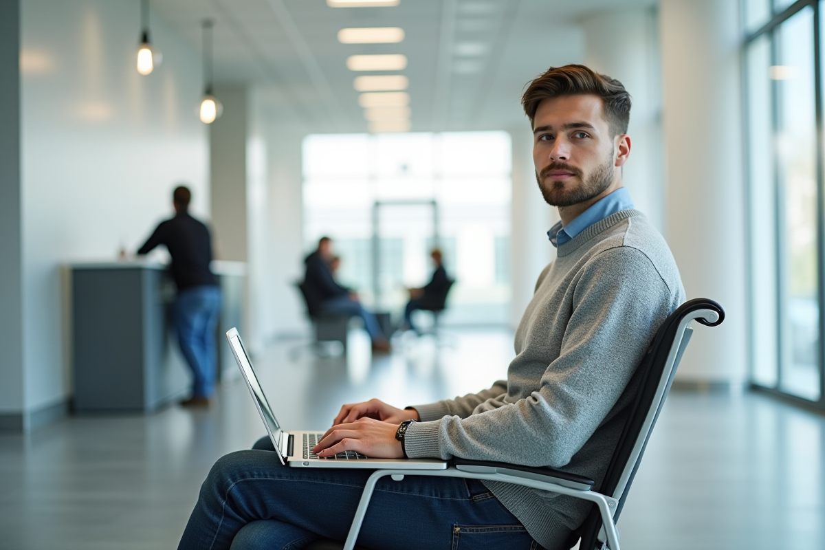 Jeune homme assis dans un centre emploi avec ordinateur