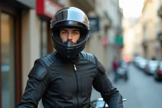 Jeune motard en tenue de protection complète debout à côté d'une moto A2 en milieu urbain