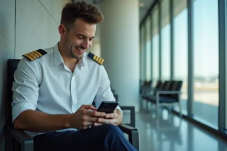 Jeune pilote souriant dans un salon aéroportuaire moderne