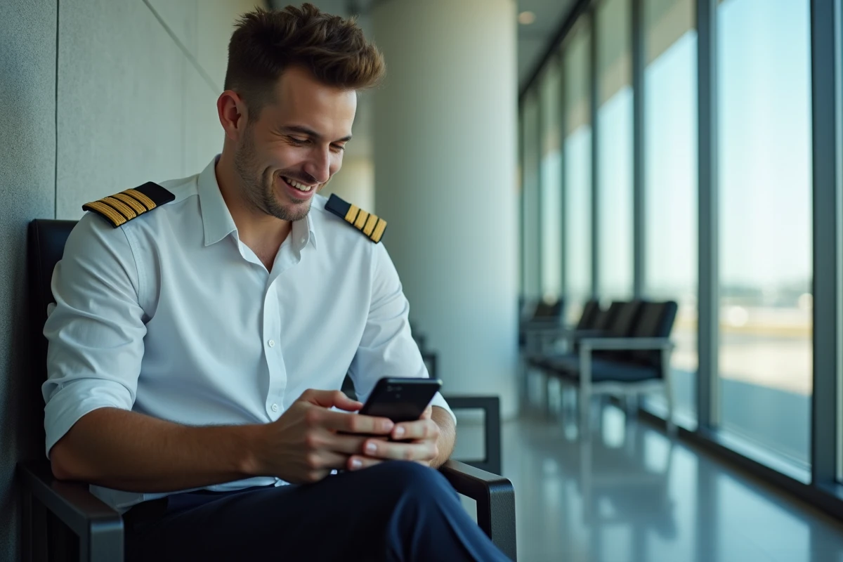 Jeune pilote souriant dans un salon aéroportuaire moderne