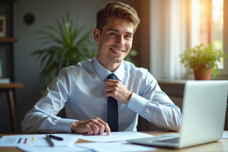 Jeune professionnel ajustant sa cravate et souriant
