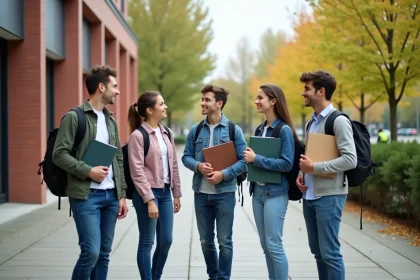Groupe de jeunes bacheliers devant un lycée moderne