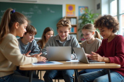 Groupe d'adolescents en classe collaborative avec ordinateurs