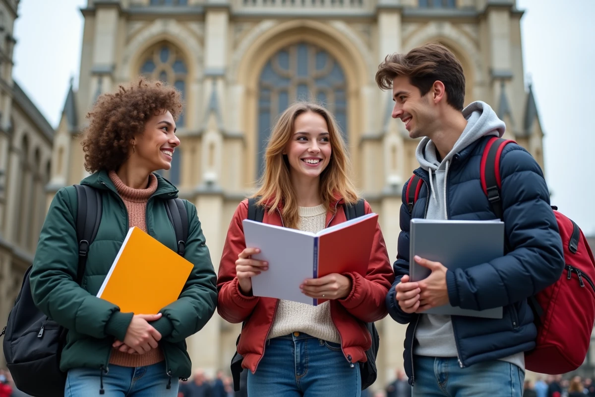 Trois étudiants devant la cathédrale d