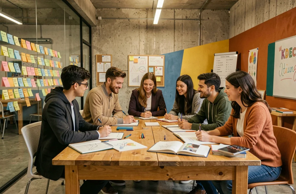 Apprenants collaborant autour d'une table de travail créatif dans l'espace pédagogique de K D'École - École Autrement KDFP