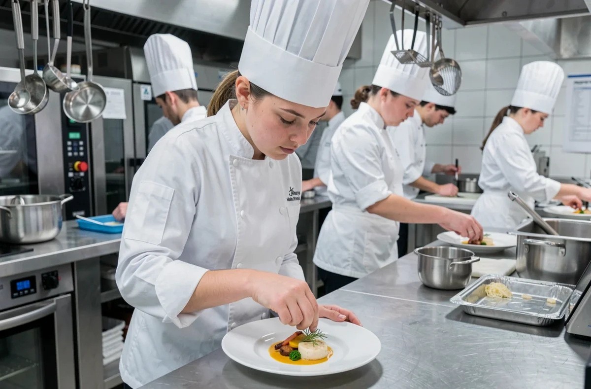 Élève en toque blanche dressant une assiette dans la cuisine pédagogique du Lycée Hôtelier et de Tourisme de Biarritz