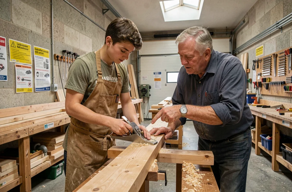 Un élève en filière bois travaillant le bois sous la supervision d'un formateur au lycée professionnel Pierre-Adrien Pâris de Besançon