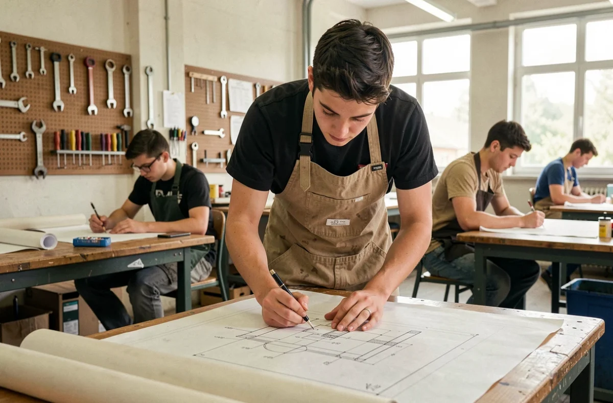 Étudiant en tablier travaillant sur un plan technique dans un atelier du Lycée Professionnel Paul Bert