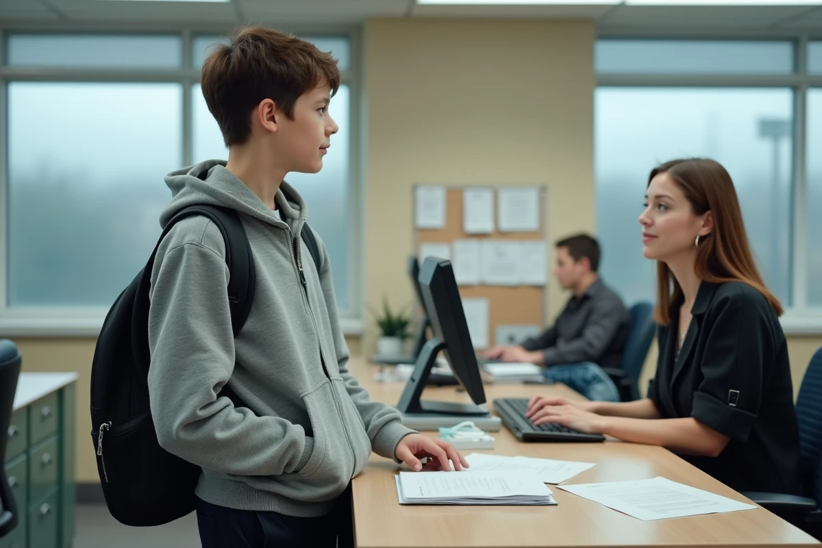 Lycéen signalant la perte de sa carte étudiante au secrétariat du lycée