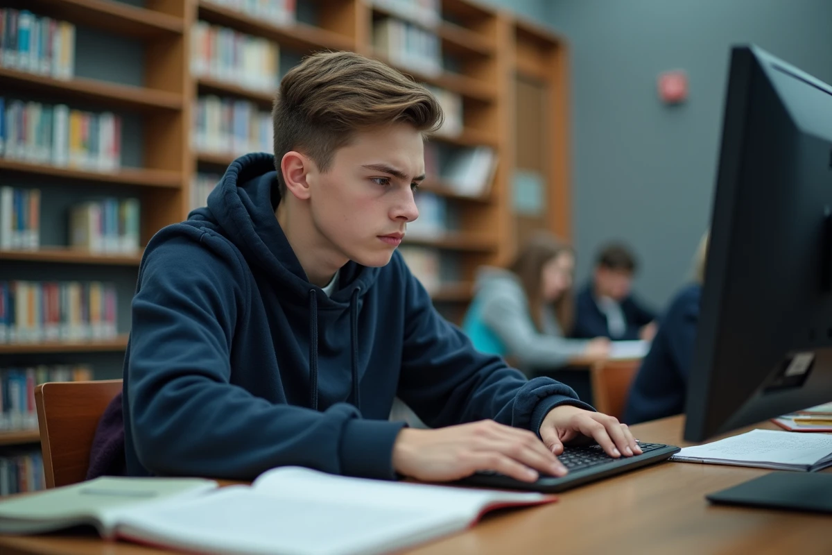 Lycéen en bibliothèque tentant de se connecter à son ENT après avoir oublié son mot de passe