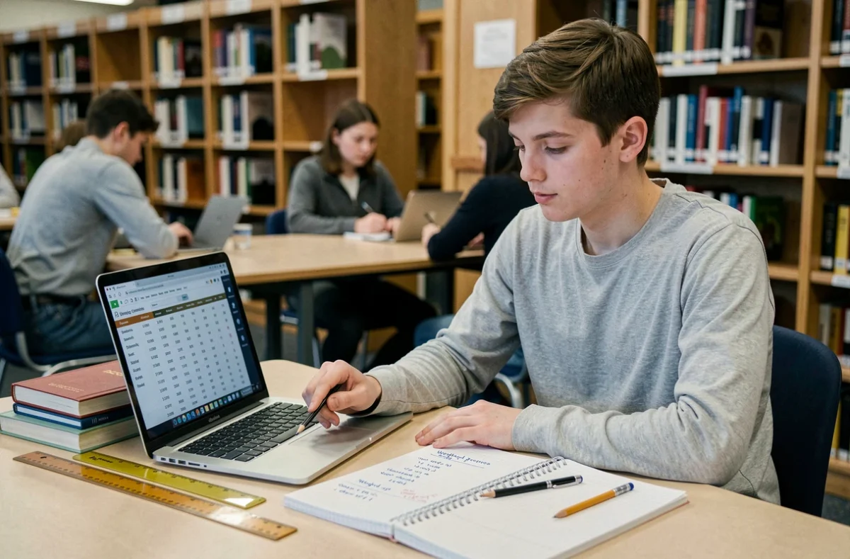 Lycéen consultant un tableau de moyennes avec coefficients sur ordinateur portable dans une bibliothèque scolaire
