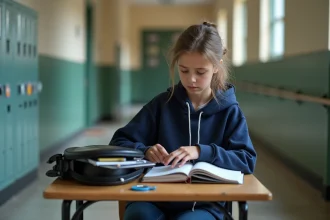Lycéenne cherchant sa carte étudiante perdue dans son sac à dos dans un couloir de lycée