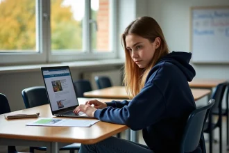 Lycéenne en seconde consultant le site edmond-labbe.fr sur un ordinateur portable pour s'orienter vers un Bac pro