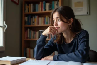 Lycéenne en terminale révisant le coefficient de philosophie au bac 2026 avec des fiches de calcul sur son bureau
