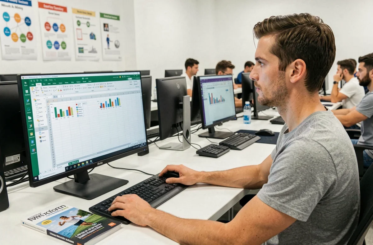 Homme en formation bureautique et numérique sur ordinateur dans un lab de formation digitale, référence M2i Formation