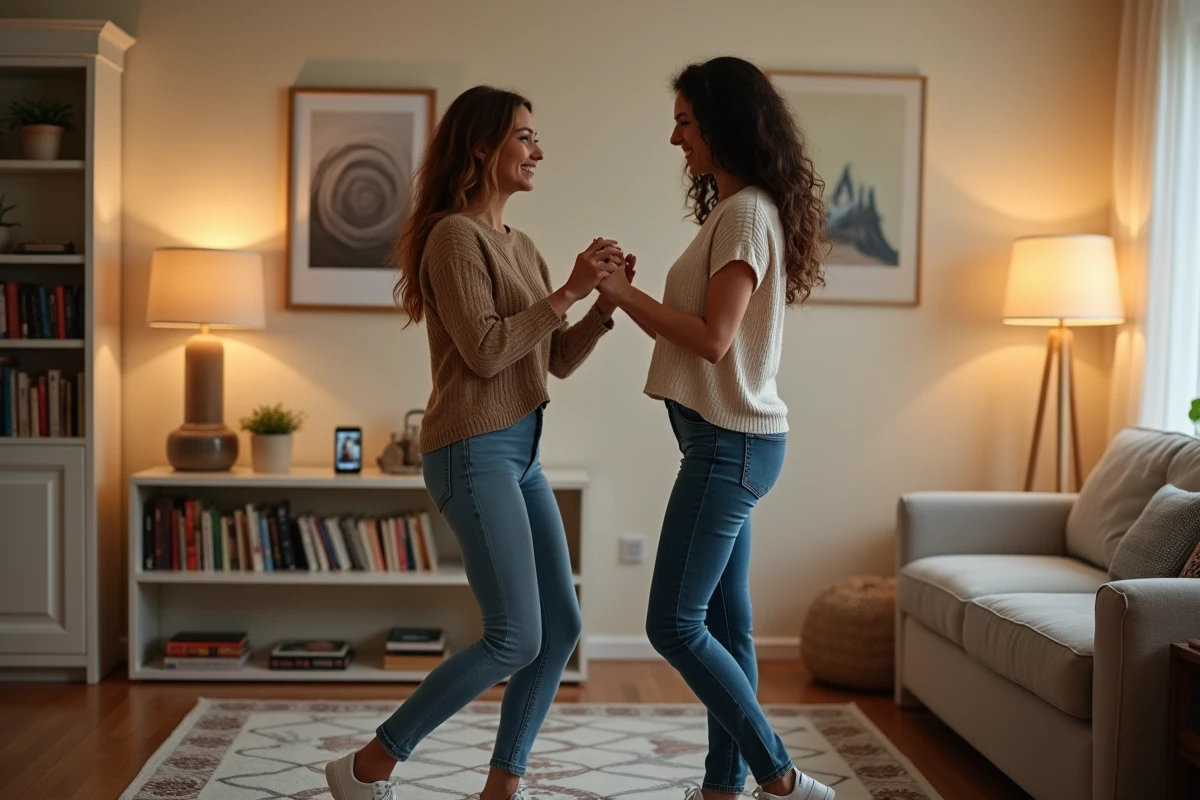 Deux amies apprenant la Madison chez elles dans un salon chaleureux, ambiance décontractée et complice avec tutoriel vidéo