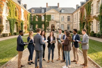 Groupe d'étudiants en école de commerce sur un campus universitaire en Centre-Val de Loire