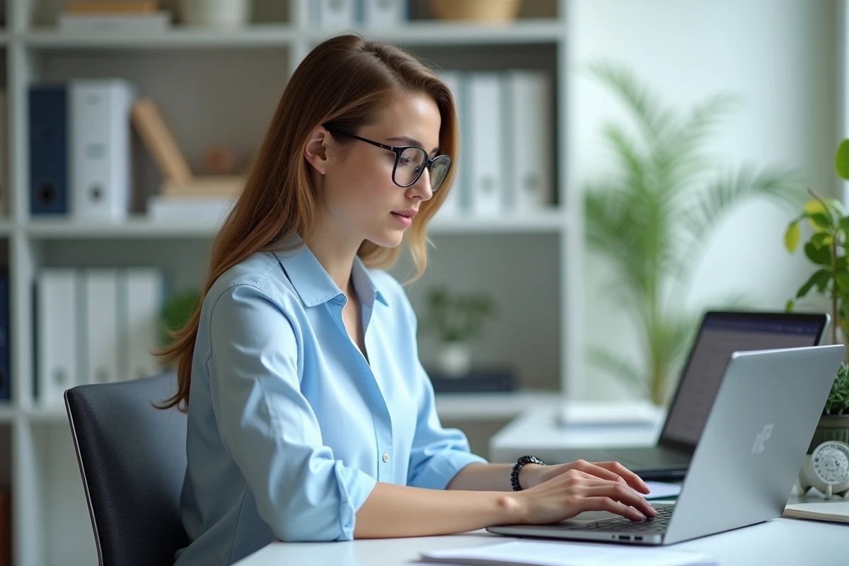 Enseignante consultant sa messagerie académique Aix-Marseille sur un ordinateur portable dans un bureau administratif