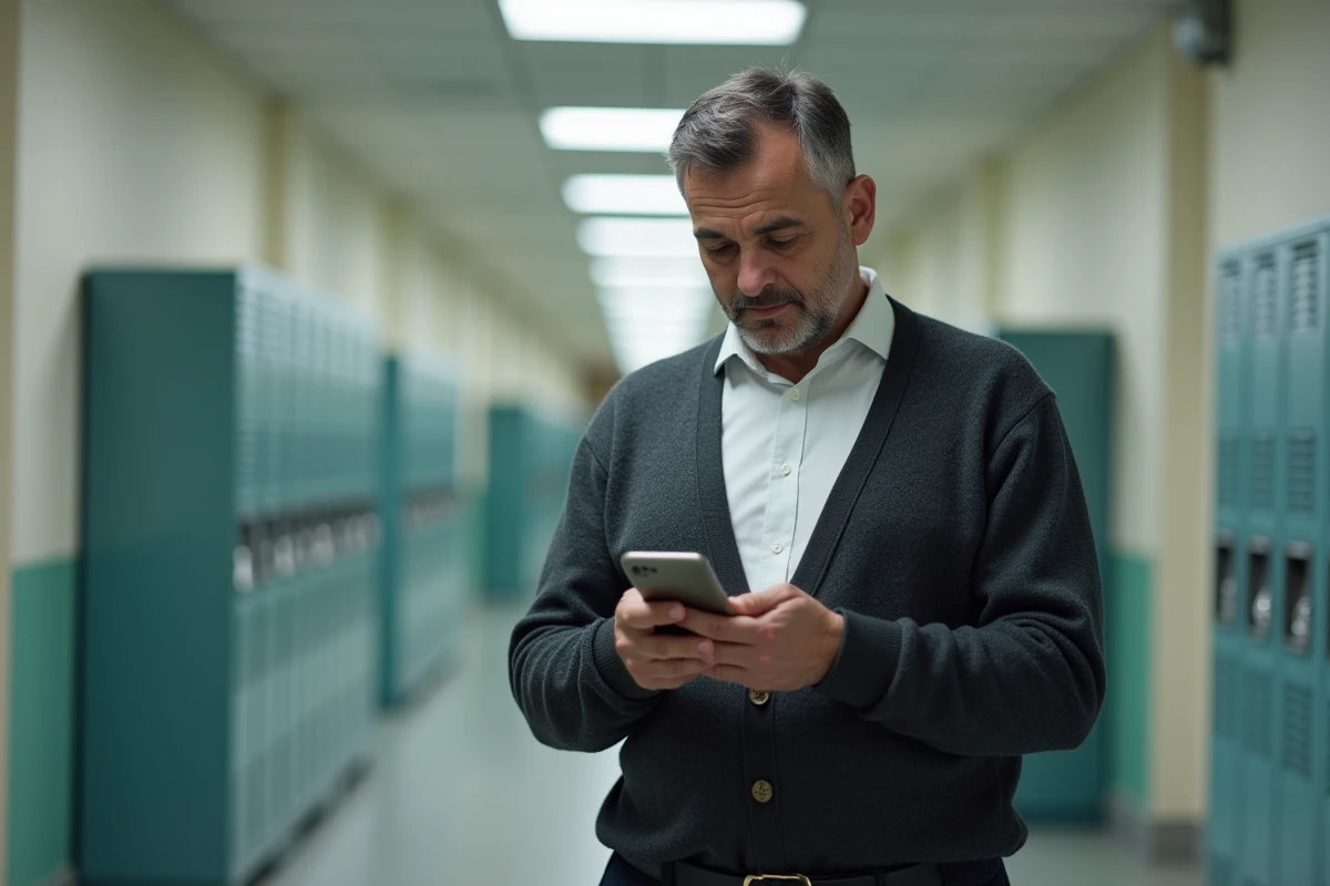 Professeur consultant ses messages académiques sur smartphone dans un couloir d'établissement scolaire