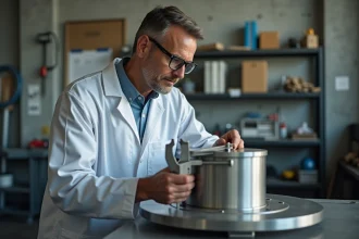 Ingénieur mesurant le diamètre d'un cylindre industriel avec un pied à coulisse pour calculer son volume en litres