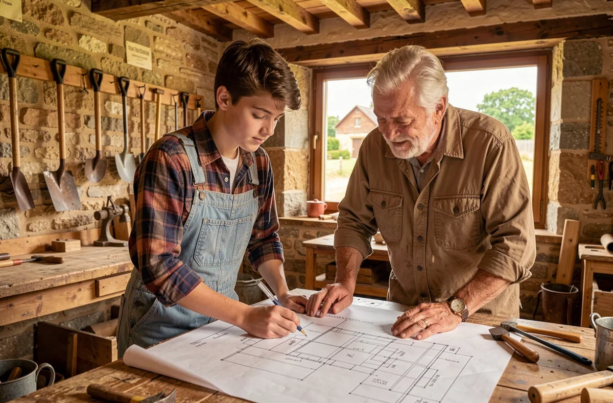 Un apprenti et son formateur travaillant ensemble dans l'atelier de la Maison familiale et rurale MFR de Pierrefontaine