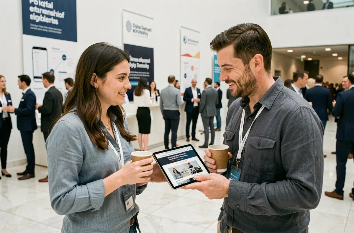 Deux freelances en réseau lors d'une pause café à une conférence digitale parisienne, consultant un portfolio professionnel sur tablette