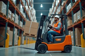 Jeune opérateur en alternance manœuvrant un chariot élévateur CACES 1 dans un entrepôt logistique moderne