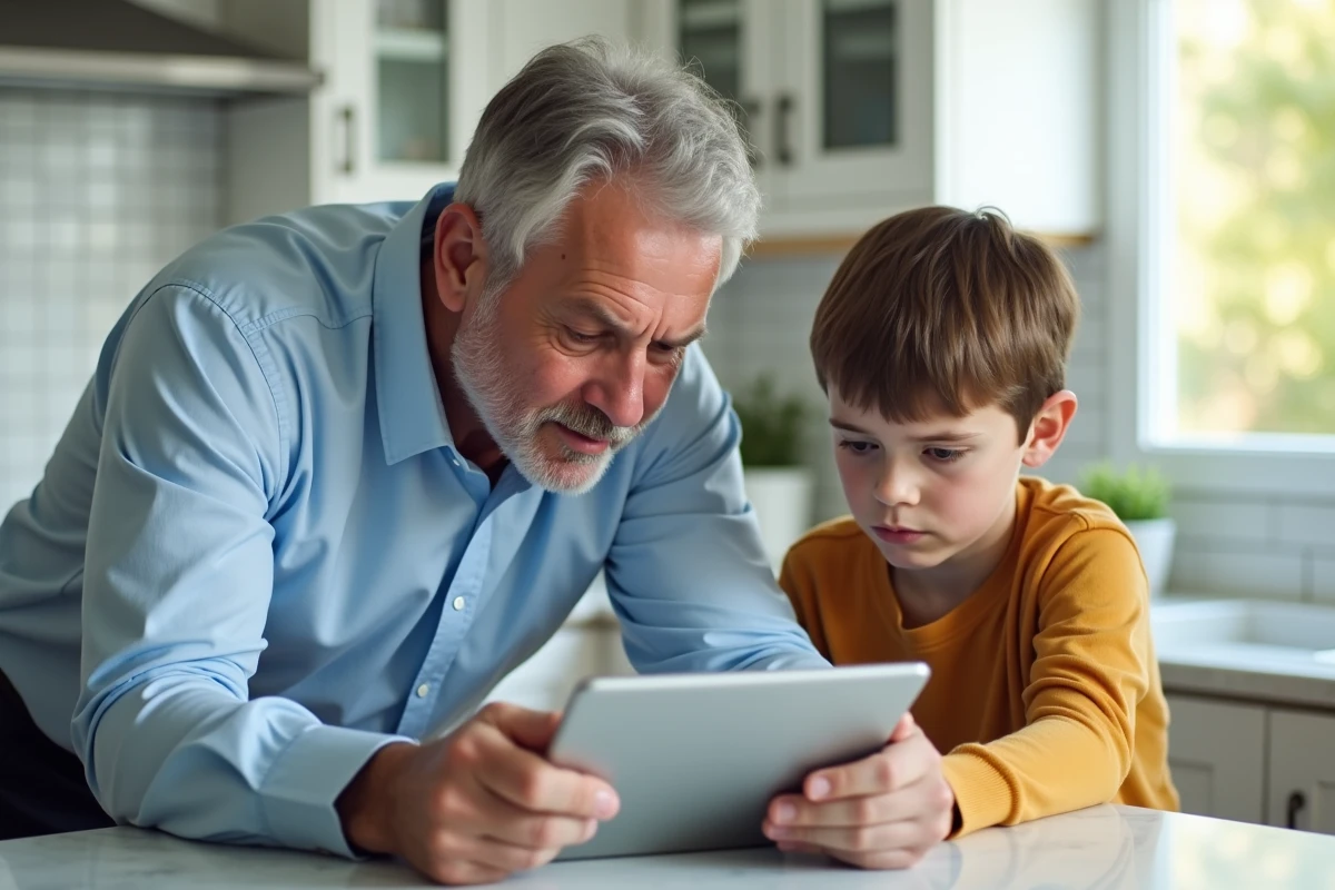 Parent aidant son enfant à récupérer l'accès à l'ENT sur une tablette dans la cuisine familiale