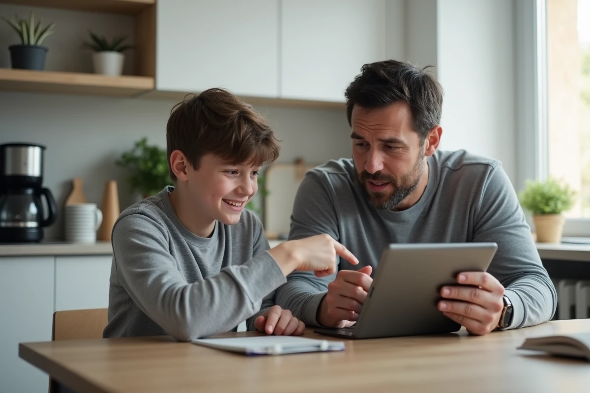 Père et fils consultant ensemble l'ENT Cholet sur une tablette dans la cuisine familiale