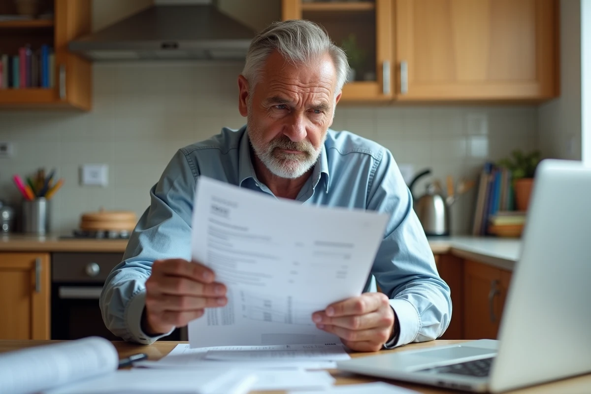 Père inquiet examinant une facture scolaire à la maison