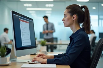 Personnelle administrative d'un établissement scolaire accédant au webmail sur son ordinateur de bureau dans un open space moderne