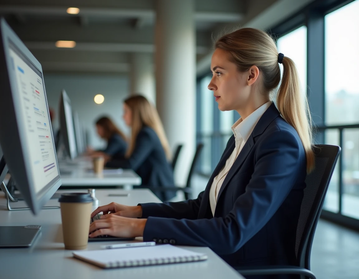 Employée en formation individuelle sur poste informatique dans un centre d'apprentissage professionnel moderne