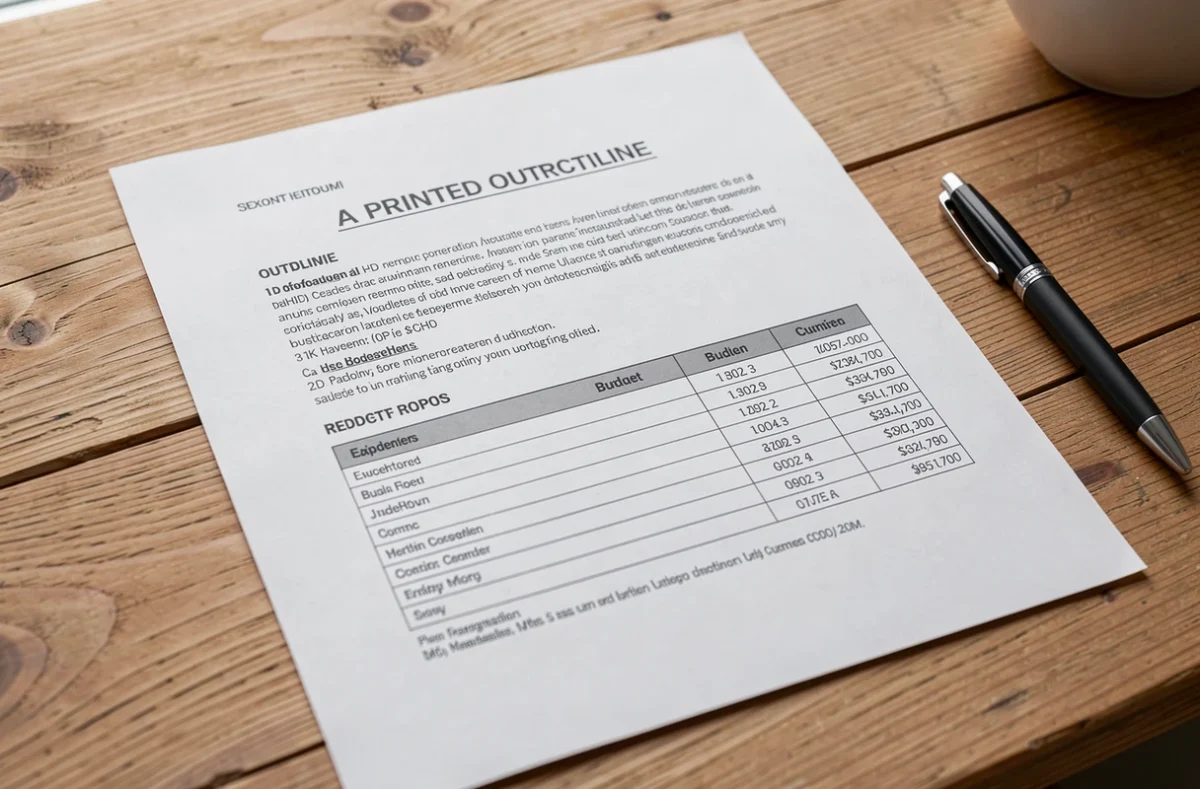 Plan d'un rapport intermédiaire avec tableau budgétaire sur un bureau