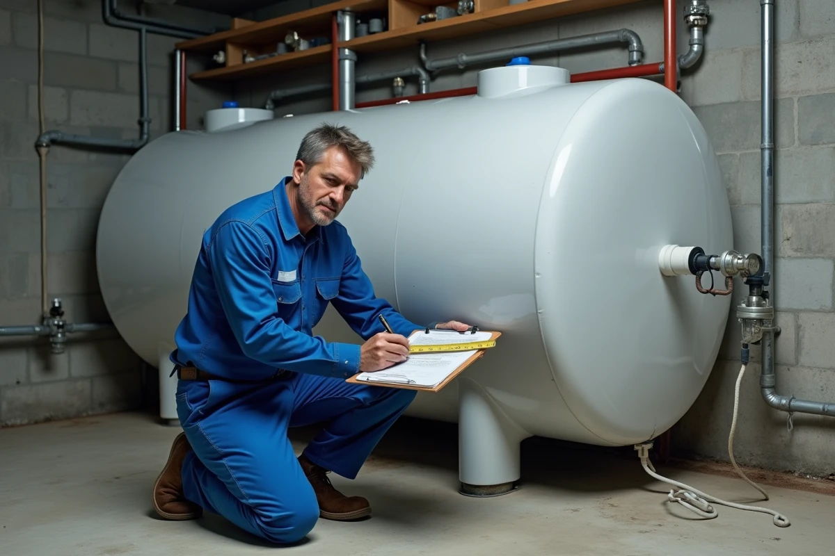 Plombier mesurant un ballon d'eau cylindrique en sous-sol pour calculer sa capacité en litres