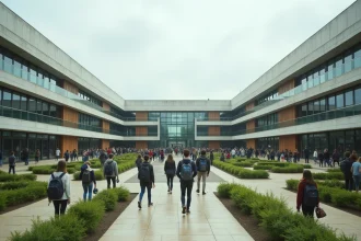 Vue extérieure du plus grand lycée de France, immense campus moderne avec élèves entre les bâtiments