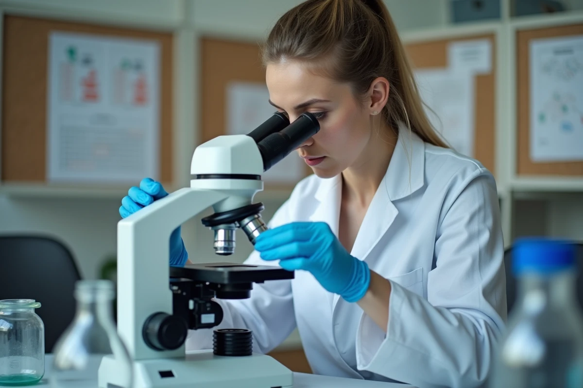 Scientifique en blouse blanche préparant une lame de coupe histologique sous microscope en laboratoire universitaire