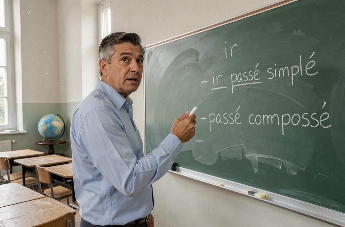 Professeur expliquant la conjugaison du verbe ir en espagnol au tableau noir dans une salle de classe
