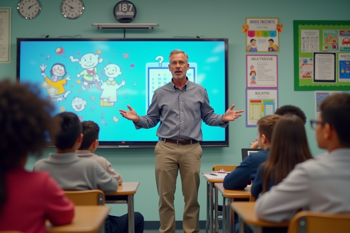 Professeur devant classe avec tableau interactif et élèves