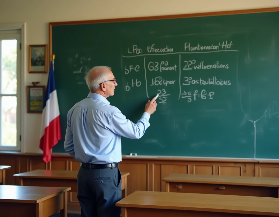Professeur de philosophie expliquant le tableau des coefficients du bac 2026 devant un tableau noir en classe de terminale