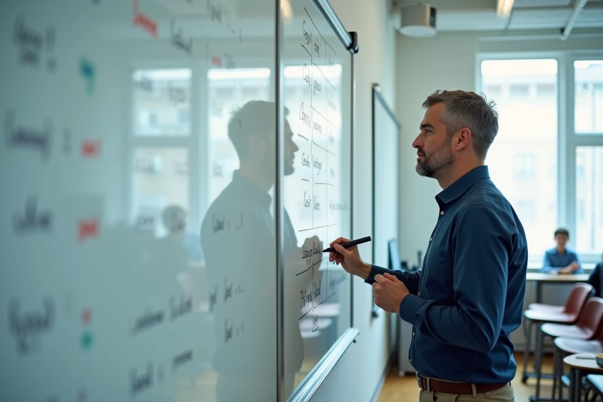 Professeur écrivant les verbes irréguliers du conditionnel espagnol au tableau blanc dans une salle de classe moderne