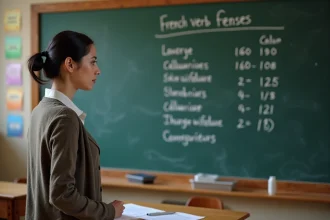 Jeune professeure devant tableau de conjugaison en classe