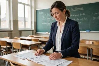 Professeure dans une salle de classe examinant les nouvelles grilles de salaire 2026 pour les enseignants