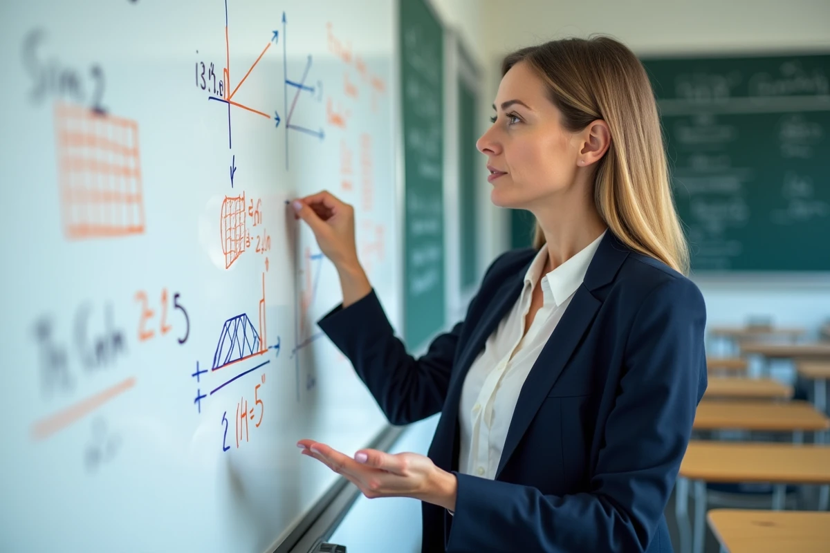 Professeure de mathématiques expliquant la puissance 3 et le volume d'un cube au tableau blanc dans une salle de classe