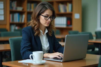 Professeure consultant le suivi des classes sur un logiciel scolaire depuis son bureau en salle des professeurs